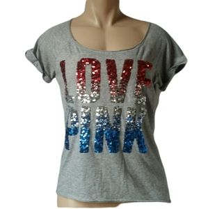 Love Pink Red White Blue Sequins Grey T Shirt